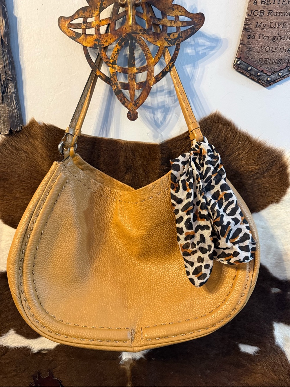 Adrienne Vittadini Tan Leather Shoulder Bag with Leopard Scarf Accent
